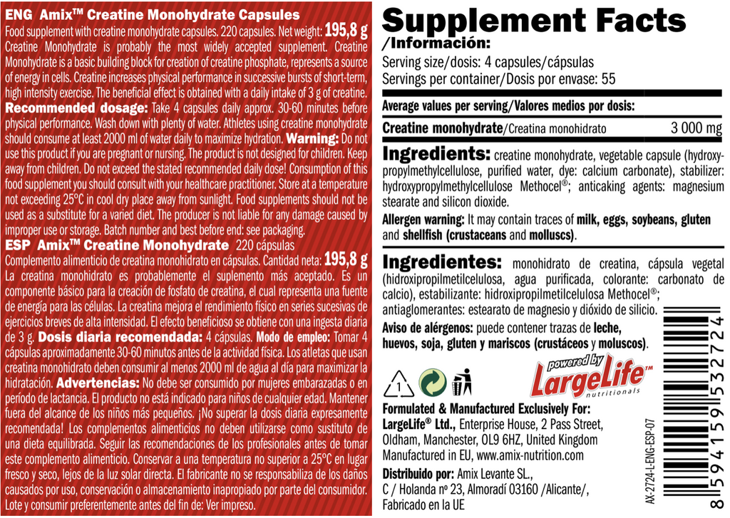 Amix Creatina Monohidrato 220 cápsulas